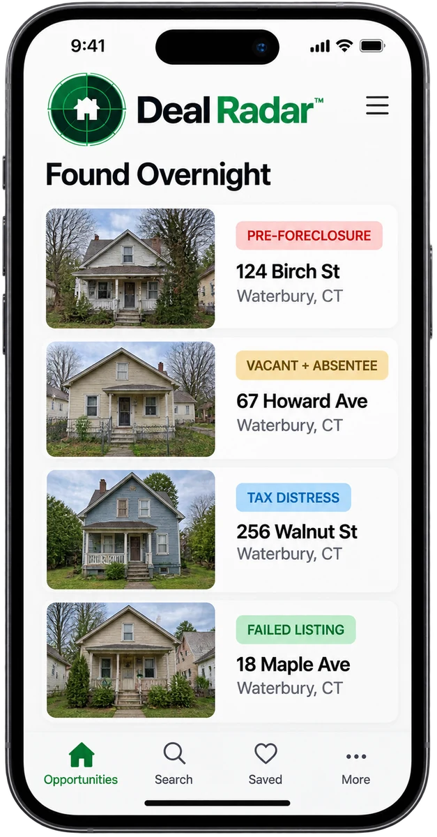 Deal Radar on a phone: the opportunities it found overnight, each tagged with the situation.