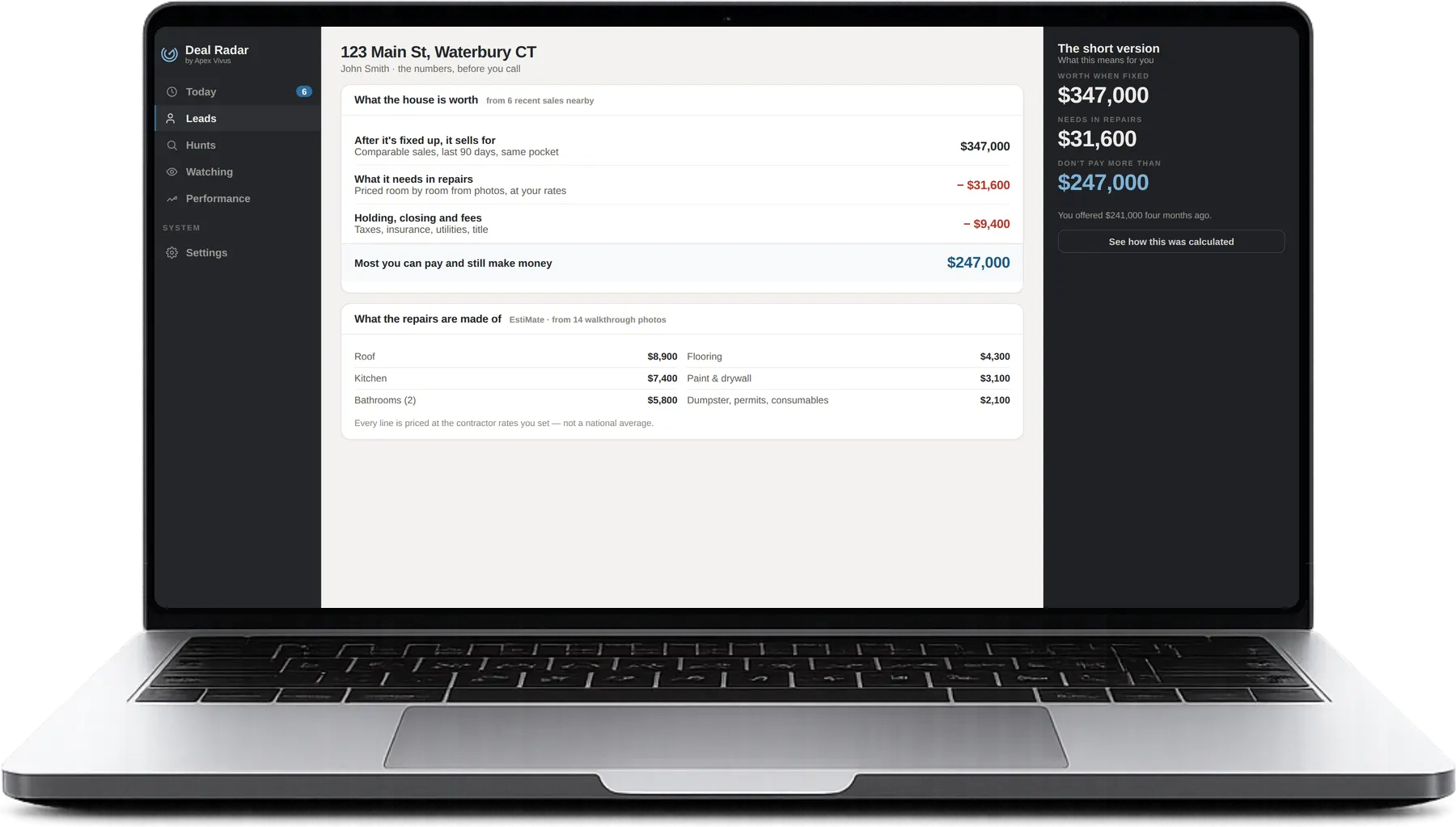 The maths: $347,000 after repair, $31,600 of work itemised, $247,000 maximum offer.
